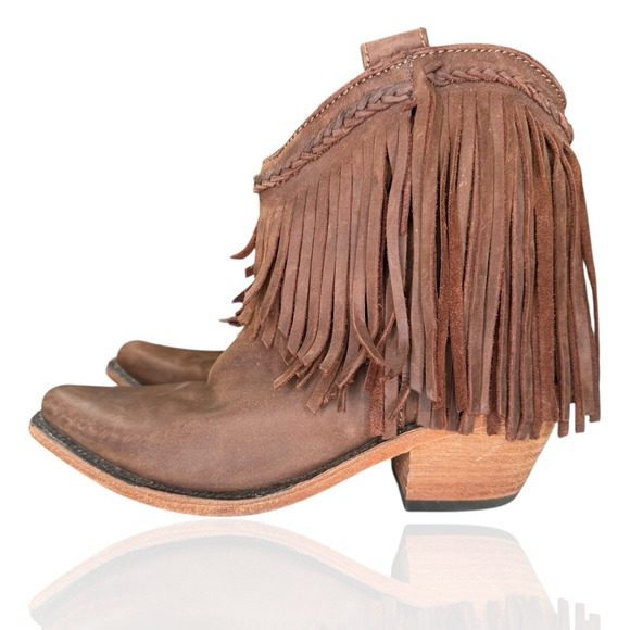 LIBERTY Black Shoes - Liberty Black 7 Vegas Faggio Brown Leather Fringe Pull On Western Boots Cowgirl